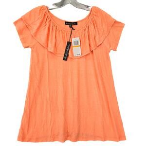 A+A Collection Orange Shirt NEW $68 Stretch Preppy Scoop Short Sleeves Women's S